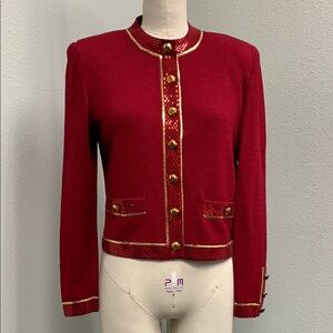St. John Cranberry Red Knit Jacket with Paillettes Women’s size 4 EUC